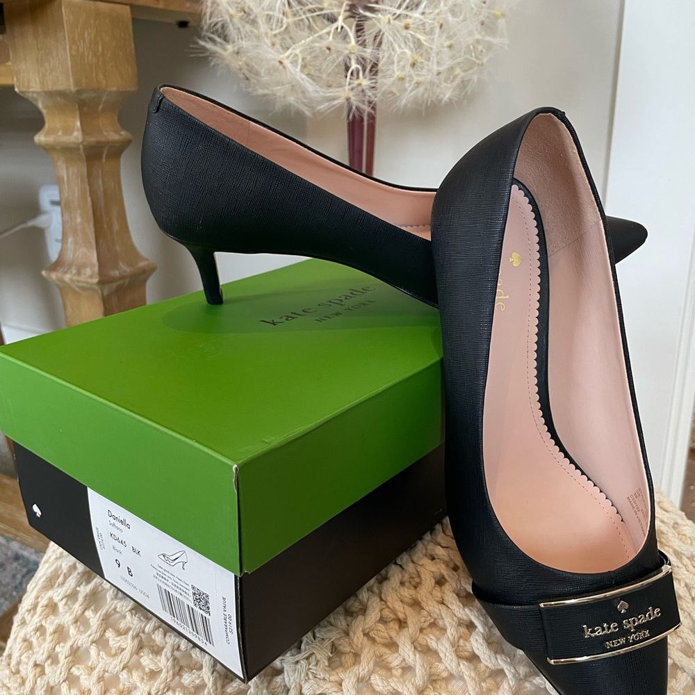 kate spade Black Pointed Kitten Heels with Gold Plaque